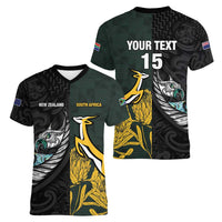 New Zealand and South Africa Rugby Custom Women V-Neck T-Shirt Silver Fern With Springboks LT15 - Polynesian Pride