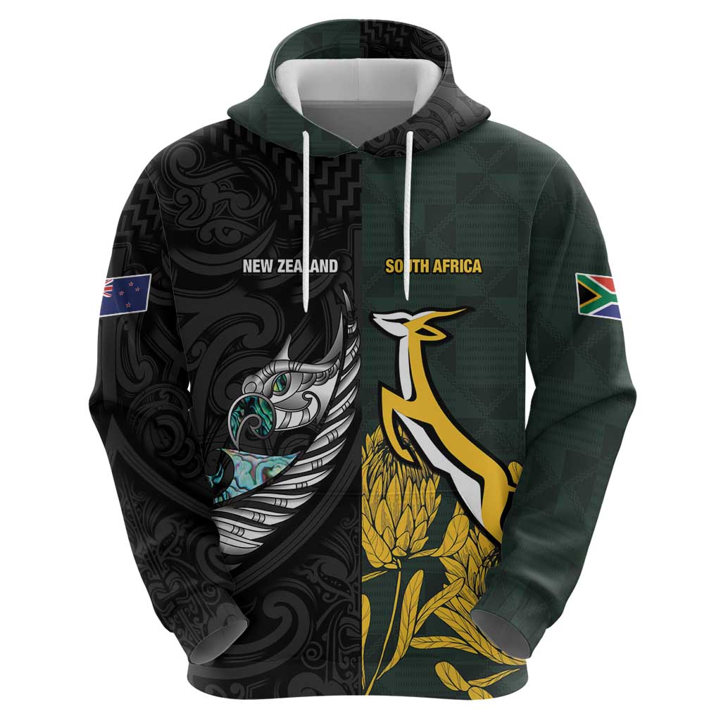 New Zealand and South Africa Rugby Custom Zip Hoodie Silver Fern With Springboks