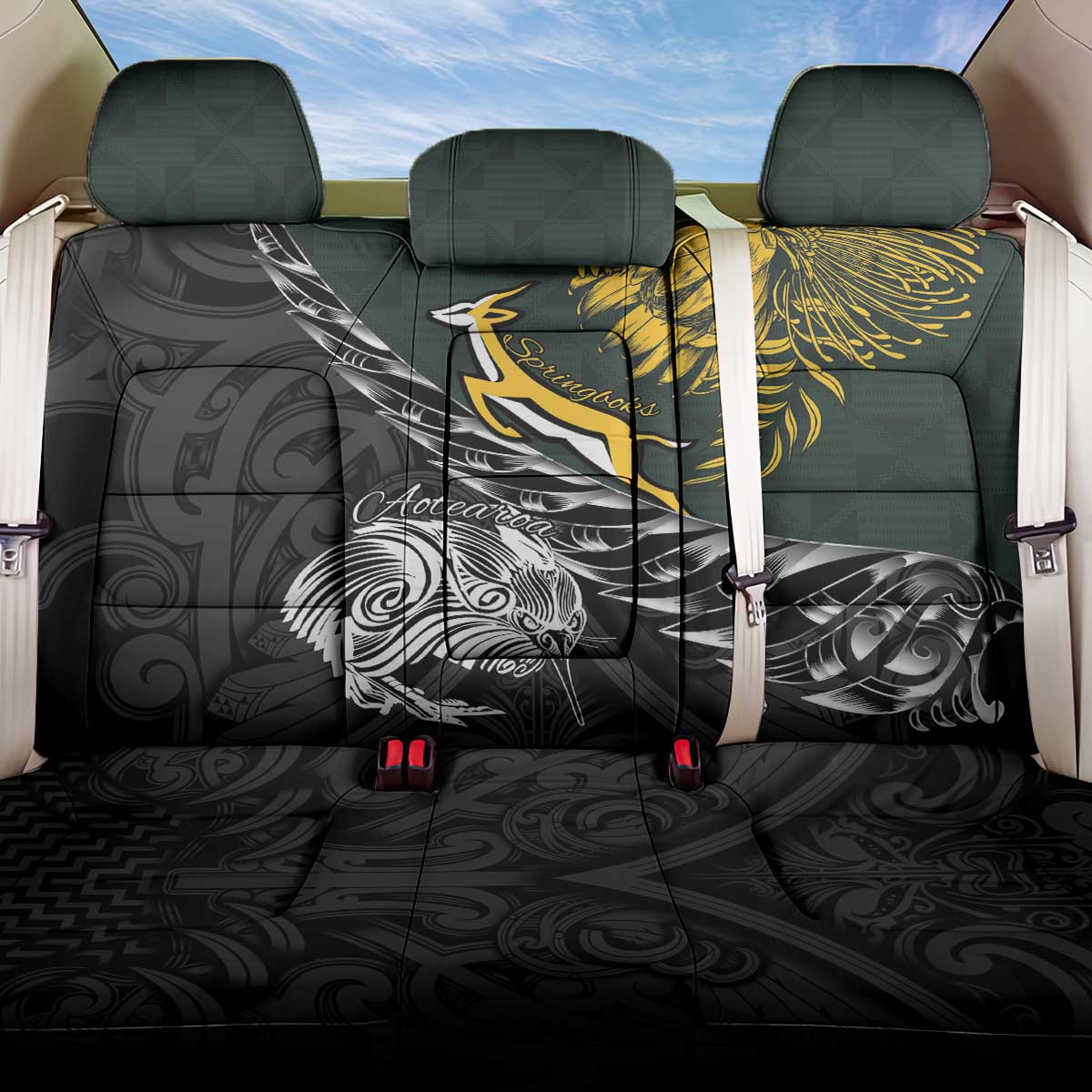 New Zealand and South Africa Rugby Back Car Seat Cover Maori Kiwi With Springboks LT15 One Size Black - Polynesian Pride