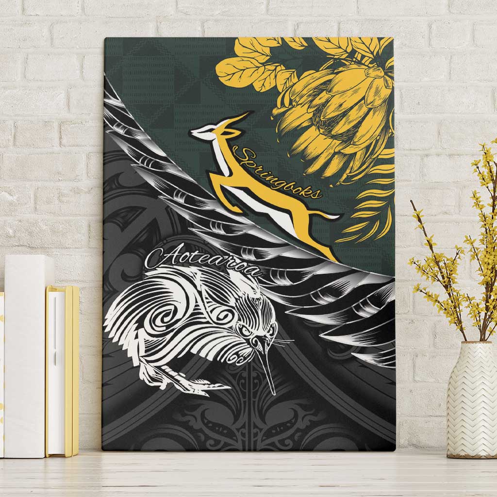New Zealand and South Africa Rugby Canvas Wall Art Maori Kiwi With Springboks LT15 Without Frame Black - Polynesian Pride