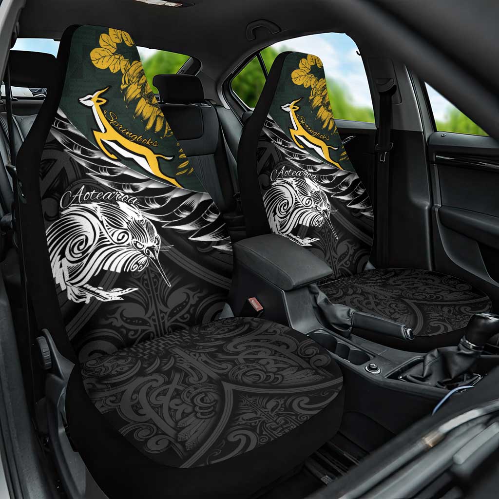New Zealand and South Africa Rugby Car Seat Cover Maori Kiwi With Springboks LT15 One Size Black - Polynesian Pride