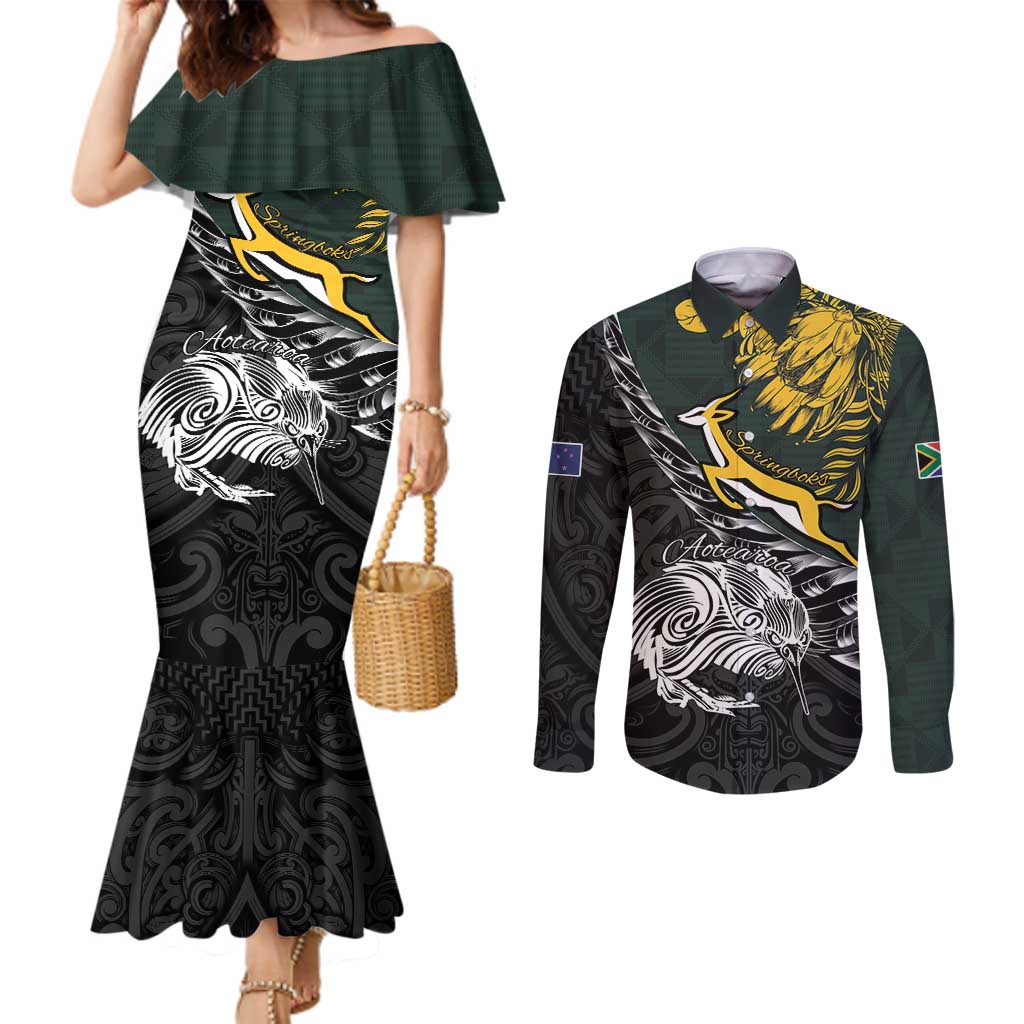 New Zealand and South Africa Rugby Personalised Couples Matching Mermaid Dress and Long Sleeve Button Shirt Maori Kiwi With Springboks LT15 Black - Polynesian Pride