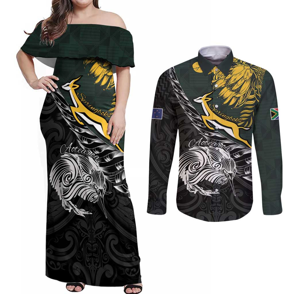 New Zealand and South Africa Rugby Personalised Couples Matching Off Shoulder Maxi Dress and Long Sleeve Button Shirt Maori Kiwi With Springboks LT15 Black - Polynesian Pride