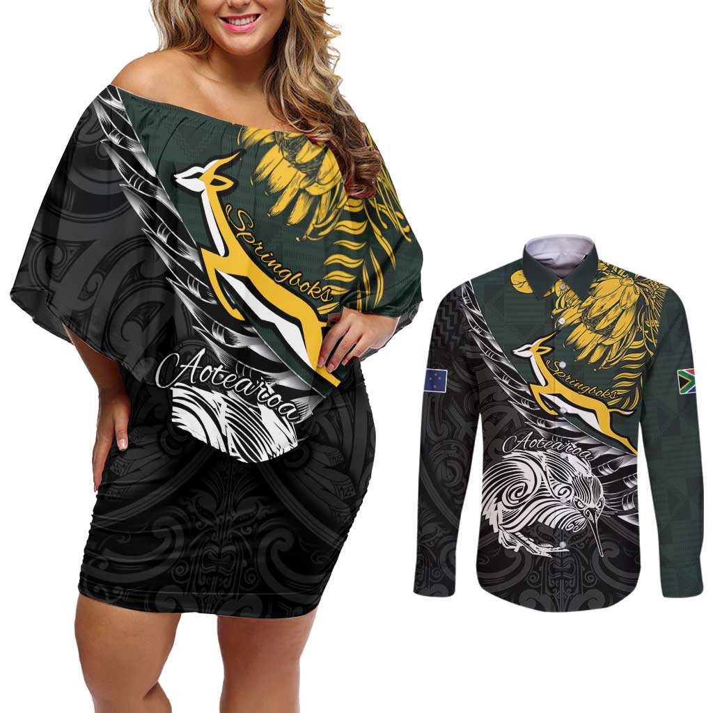 New Zealand and South Africa Rugby Personalised Couples Matching Off Shoulder Short Dress and Long Sleeve Button Shirt Maori Kiwi With Springboks LT15 Black - Polynesian Pride