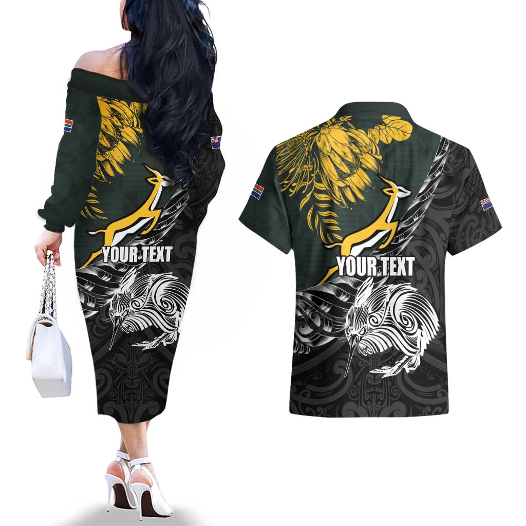 New Zealand and South Africa Rugby Personalised Couples Matching Off The Shoulder Long Sleeve Dress and Hawaiian Shirt Maori Kiwi With Springboks LT15 - Polynesian Pride