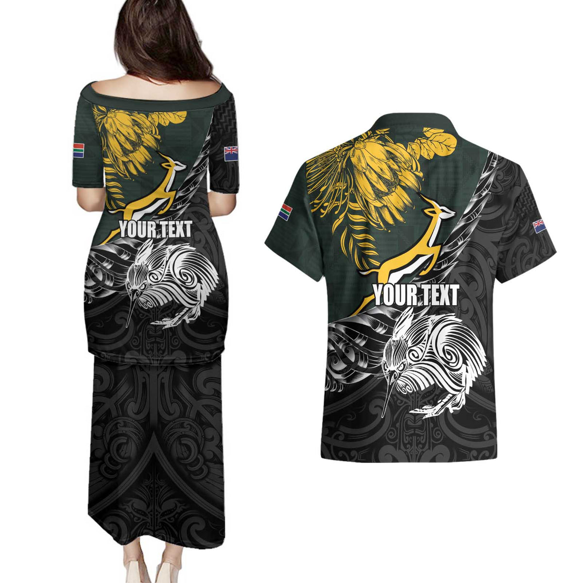 New Zealand and South Africa Rugby Personalised Couples Matching Puletasi and Hawaiian Shirt Maori Kiwi With Springboks LT15 - Polynesian Pride