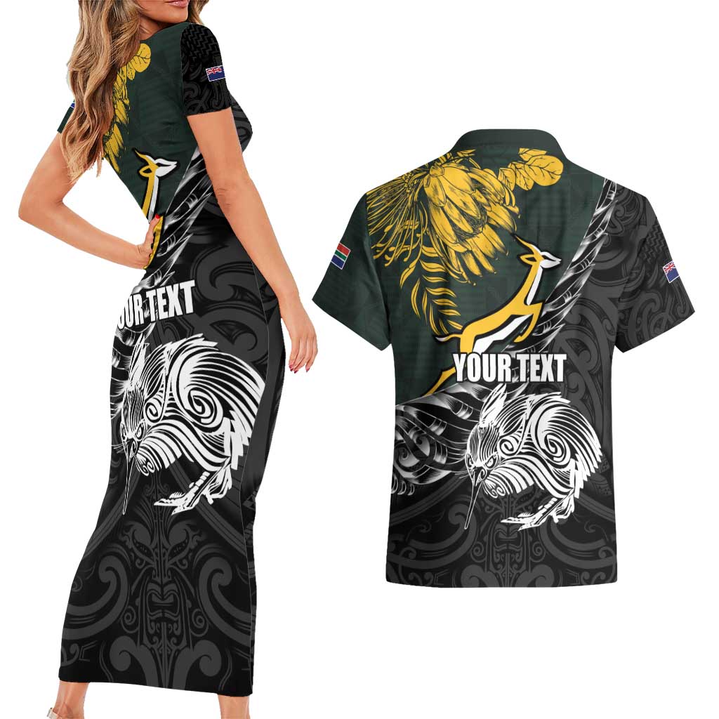 New Zealand and South Africa Rugby Personalised Couples Matching Short Sleeve Bodycon Dress and Hawaiian Shirt Maori Kiwi With Springboks LT15 - Polynesian Pride