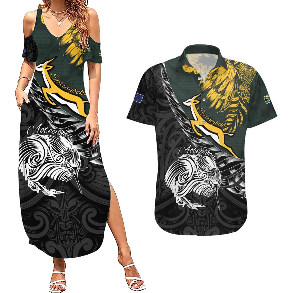 New Zealand and South Africa Rugby Personalised Couples Matching Summer Maxi Dress and Hawaiian Shirt Maori Kiwi With Springboks LT15 Black - Polynesian Pride