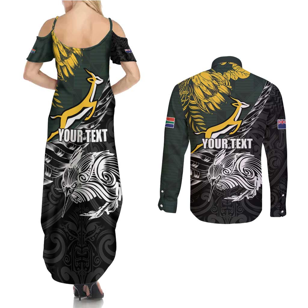 New Zealand and South Africa Rugby Personalised Couples Matching Summer Maxi Dress and Long Sleeve Button Shirt Maori Kiwi With Springboks LT15 - Polynesian Pride