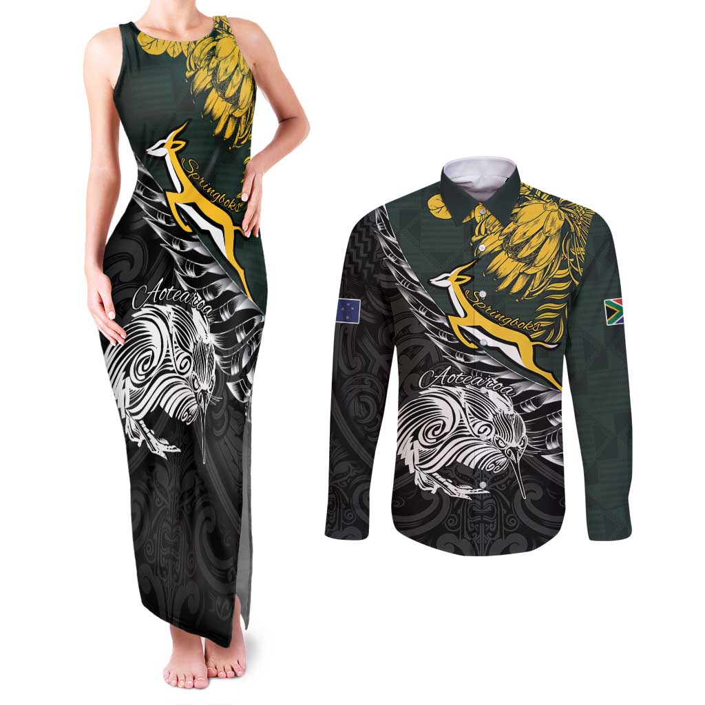 New Zealand and South Africa Rugby Personalised Couples Matching Tank Maxi Dress and Long Sleeve Button Shirt Maori Kiwi With Springboks LT15 Black - Polynesian Pride