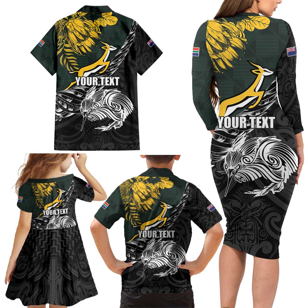New Zealand and South Africa Rugby Personalised Family Matching Long Sleeve Bodycon Dress and Hawaiian Shirt Maori Kiwi With Springboks LT15 - Polynesian Pride