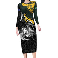 New Zealand and South Africa Rugby Personalised Family Matching Long Sleeve Bodycon Dress and Hawaiian Shirt Maori Kiwi With Springboks LT15 Mom's Dress Black - Polynesian Pride