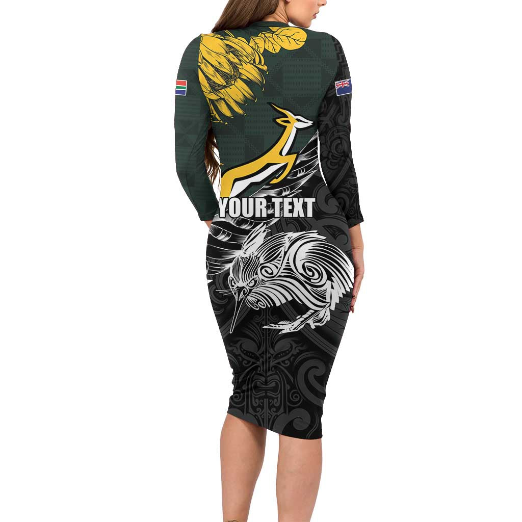 New Zealand and South Africa Rugby Personalised Family Matching Long Sleeve Bodycon Dress and Hawaiian Shirt Maori Kiwi With Springboks LT15 - Polynesian Pride