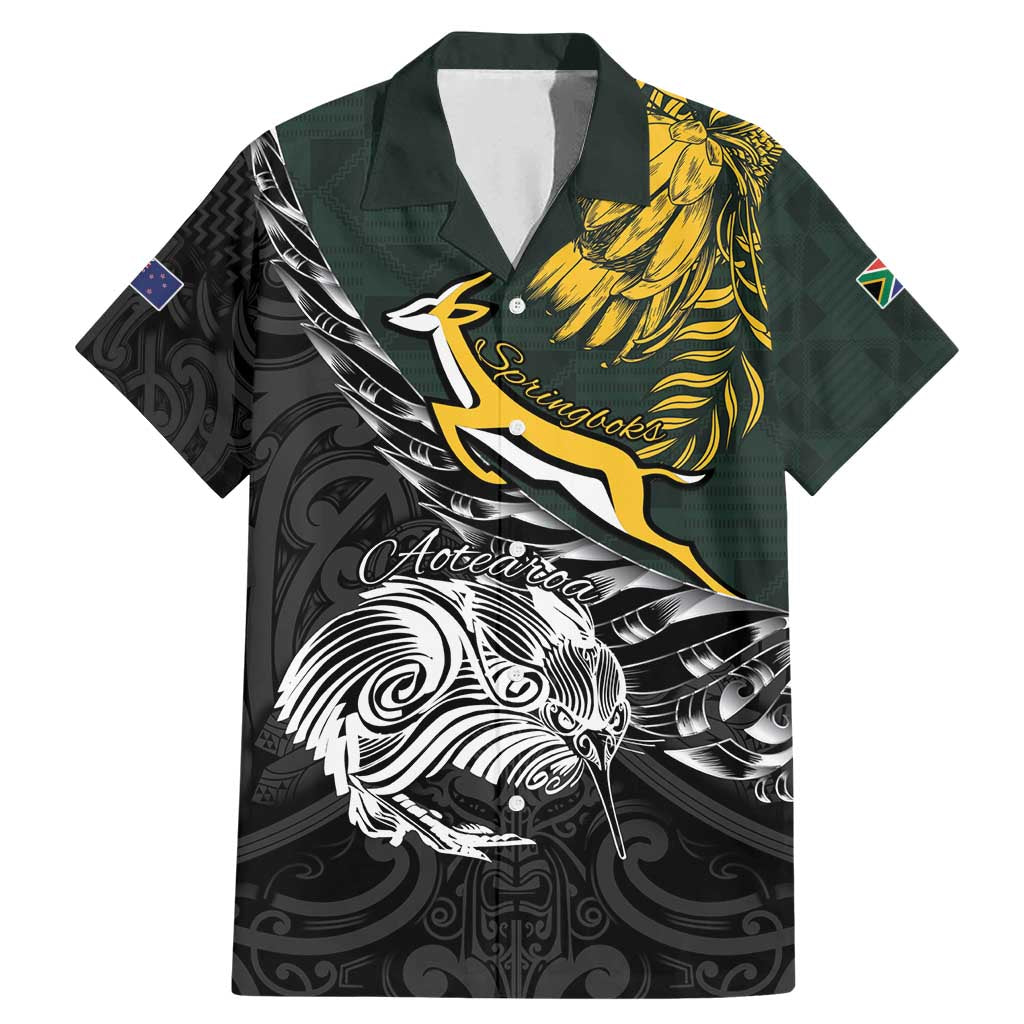 New Zealand and South Africa Rugby Personalised Family Matching Mermaid Dress and Hawaiian Shirt Maori Kiwi With Springboks LT15 Dad's Shirt - Short Sleeve Black - Polynesian Pride