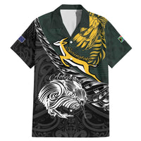 New Zealand and South Africa Rugby Personalised Family Matching Mermaid Dress and Hawaiian Shirt Maori Kiwi With Springboks LT15 Dad's Shirt - Short Sleeve Black - Polynesian Pride