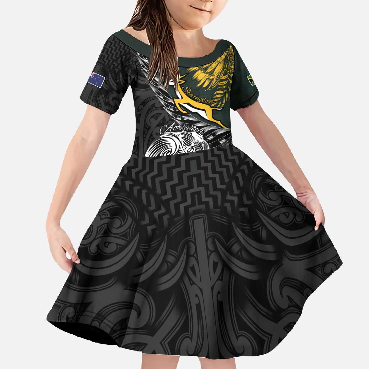New Zealand and South Africa Rugby Personalised Family Matching Off The Shoulder Long Sleeve Dress and Hawaiian Shirt Maori Kiwi With Springboks LT15 Daughter's Dress Black - Polynesian Pride