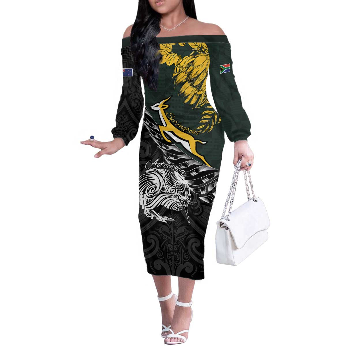 New Zealand and South Africa Rugby Personalised Family Matching Off The Shoulder Long Sleeve Dress and Hawaiian Shirt Maori Kiwi With Springboks LT15 Mom's Dress Black - Polynesian Pride