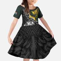 New Zealand and South Africa Rugby Personalised Family Matching Off Shoulder Maxi Dress and Hawaiian Shirt Maori Kiwi With Springboks LT15 Daughter's Dress Black - Polynesian Pride