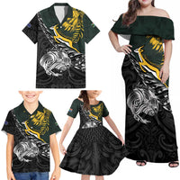 New Zealand and South Africa Rugby Personalised Family Matching Off Shoulder Maxi Dress and Hawaiian Shirt Maori Kiwi With Springboks LT15 - Polynesian Pride
