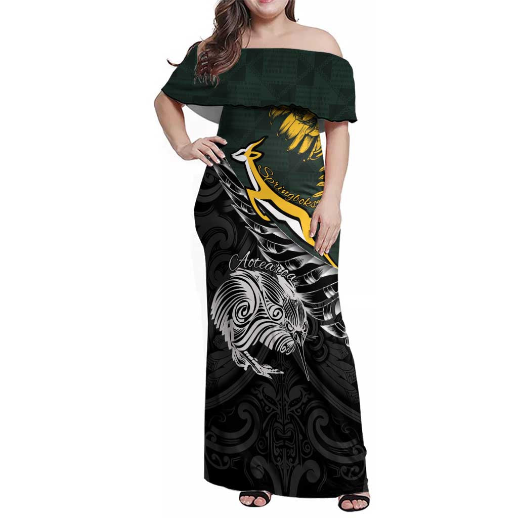 New Zealand and South Africa Rugby Personalised Family Matching Off Shoulder Maxi Dress and Hawaiian Shirt Maori Kiwi With Springboks LT15 Mom's Dress Black - Polynesian Pride