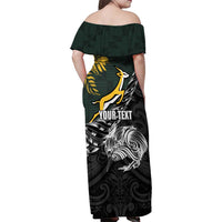 New Zealand and South Africa Rugby Personalised Family Matching Off Shoulder Maxi Dress and Hawaiian Shirt Maori Kiwi With Springboks LT15 - Polynesian Pride