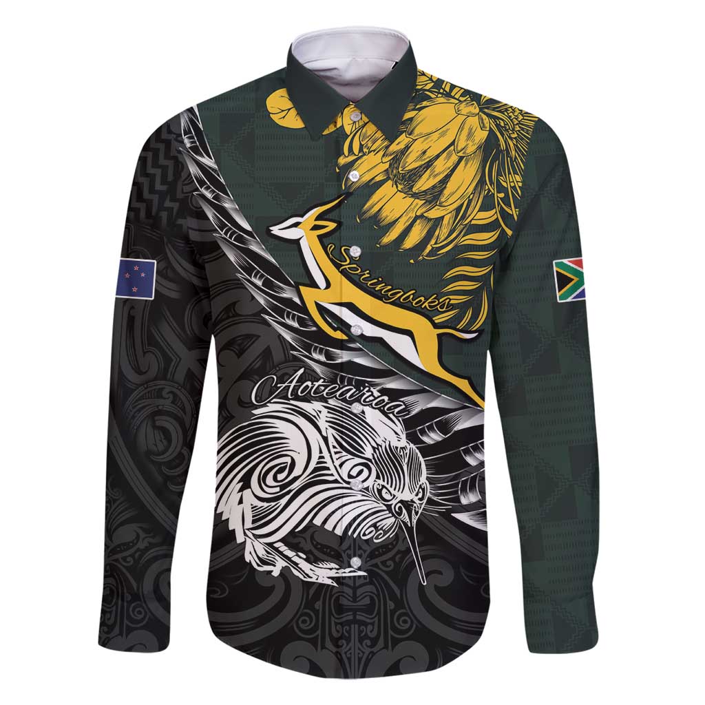New Zealand and South Africa Rugby Personalised Family Matching Off Shoulder Short Dress and Hawaiian Shirt Maori Kiwi With Springboks LT15 Dad's Shirt - Long Sleeve Black - Polynesian Pride