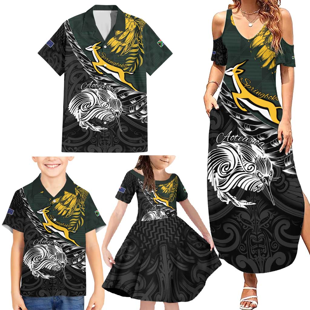 New Zealand and South Africa Rugby Personalised Family Matching Summer Maxi Dress and Hawaiian Shirt Maori Kiwi With Springboks LT15 - Polynesian Pride