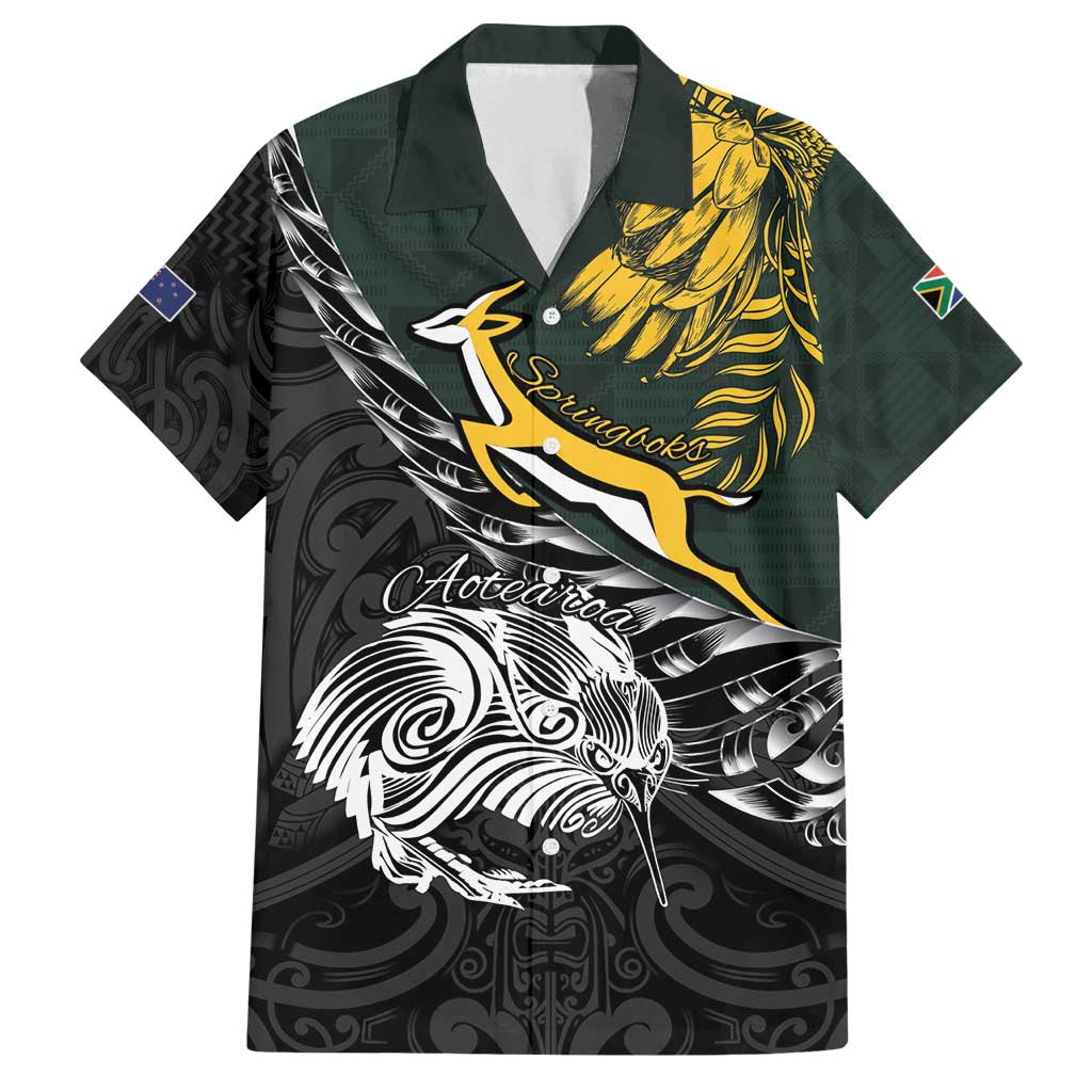 New Zealand and South Africa Rugby Personalised Family Matching Summer Maxi Dress and Hawaiian Shirt Maori Kiwi With Springboks LT15 Dad's Shirt - Short Sleeve Black - Polynesian Pride