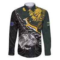 New Zealand and South Africa Rugby Personalised Family Matching Tank Maxi Dress and Hawaiian Shirt Maori Kiwi With Springboks LT15 Dad's Shirt - Long Sleeve Black - Polynesian Pride
