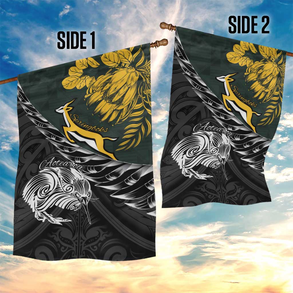New Zealand and South Africa Rugby Garden Flag Maori Kiwi With Springboks LT15 - Polynesian Pride