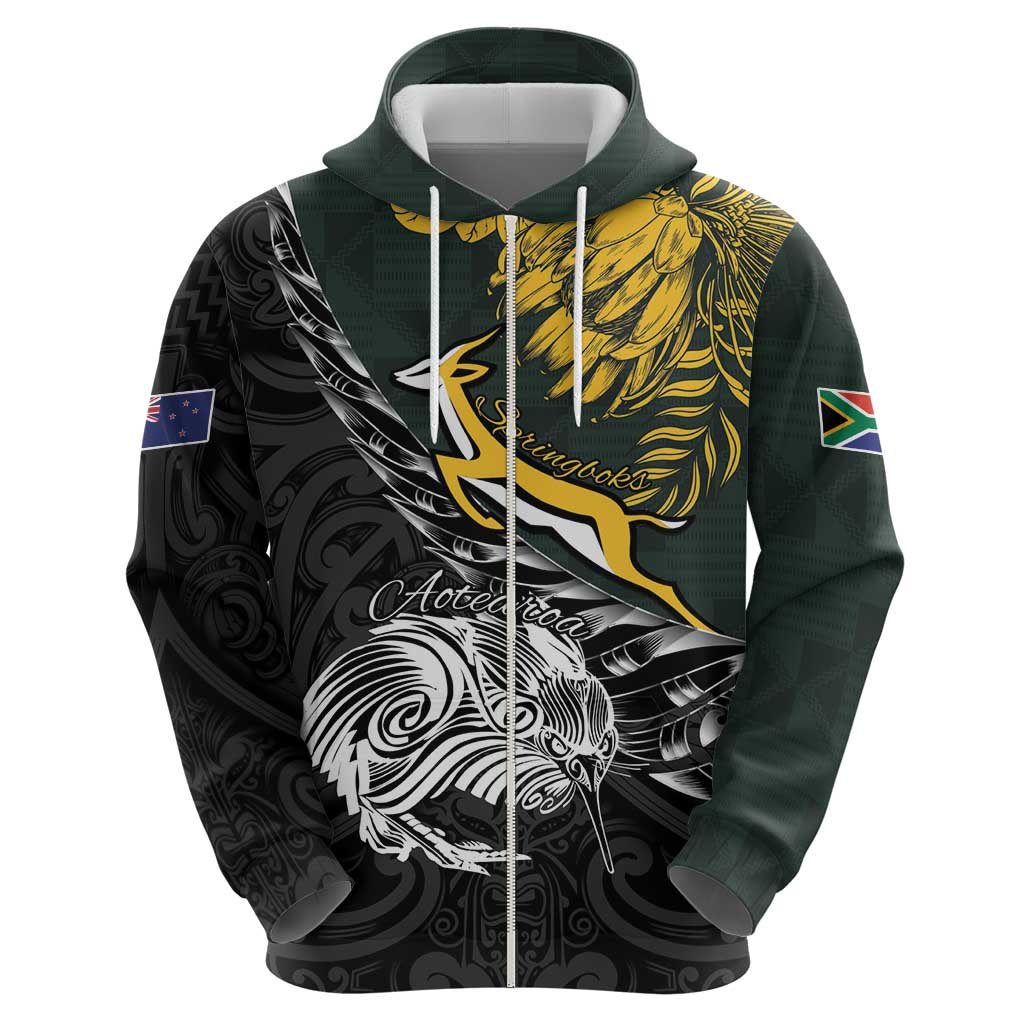 New Zealand and South Africa Rugby Personalised Hoodie Maori Kiwi With Springboks