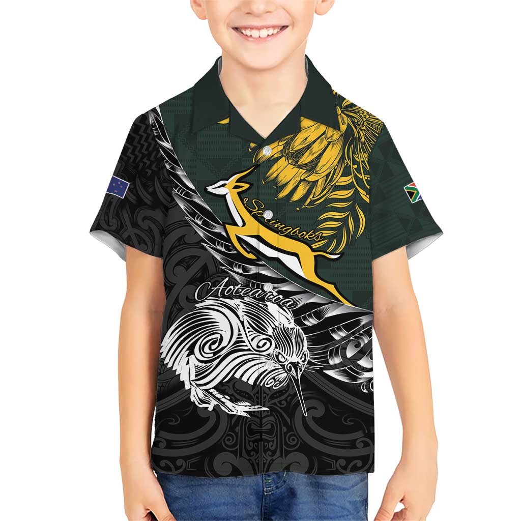 New Zealand and South Africa Rugby Personalised Kid Hawaiian Shirt Maori Kiwi With Springboks LT15 Kid Black - Polynesian Pride