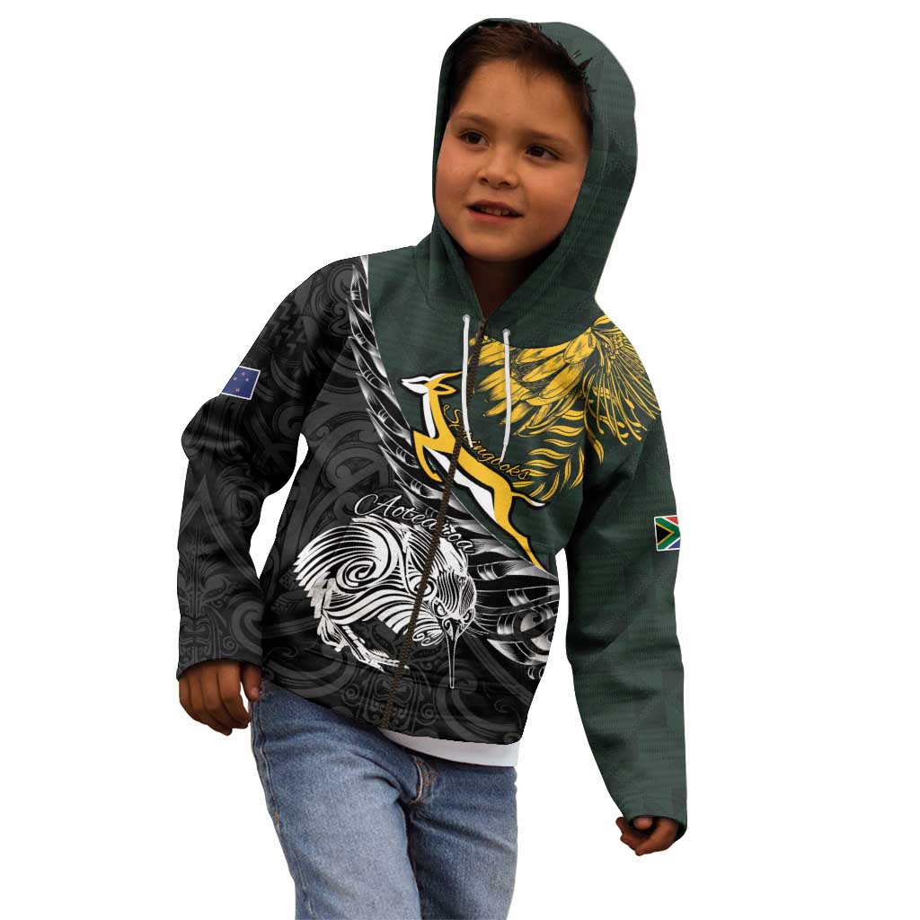 New Zealand and South Africa Rugby Personalised Kid Hoodie Maori Kiwi With Springboks LT15 - Polynesian Pride