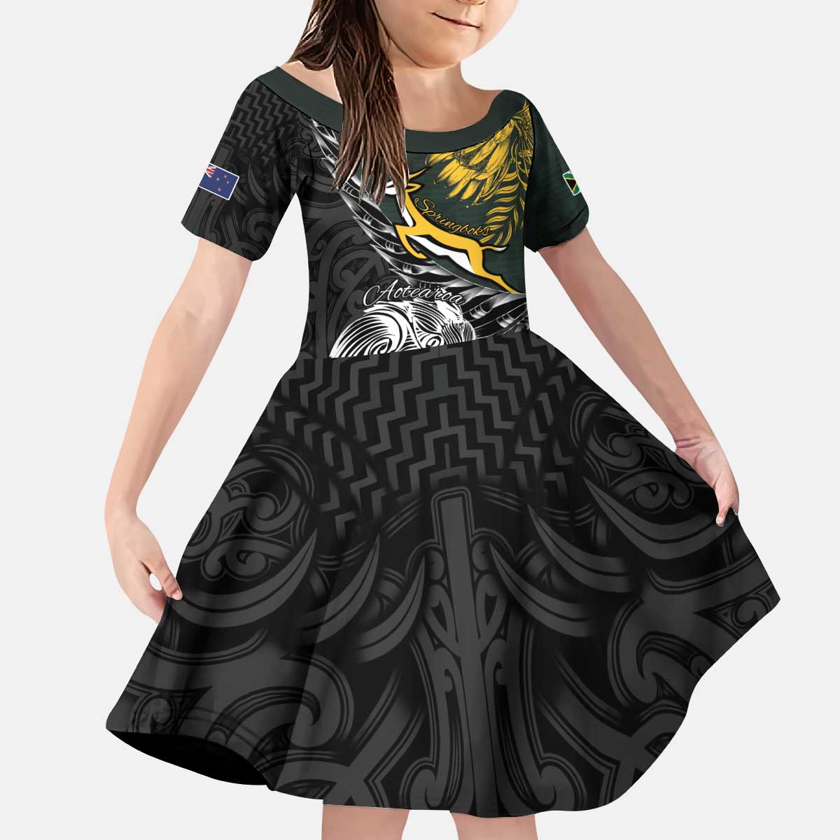 New Zealand and South Africa Rugby Personalised Kid Short Sleeve Dress Maori Kiwi With Springboks LT15 KID Black - Polynesian Pride
