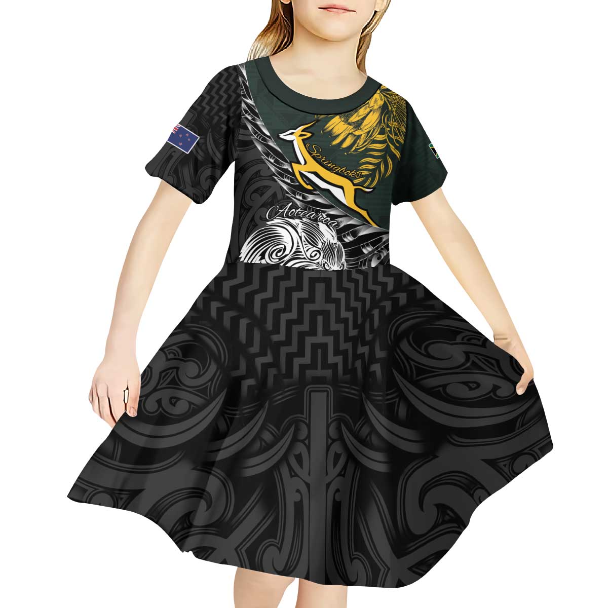 New Zealand and South Africa Rugby Personalised Kid Short Sleeve Dress Maori Kiwi With Springboks LT15 - Polynesian Pride