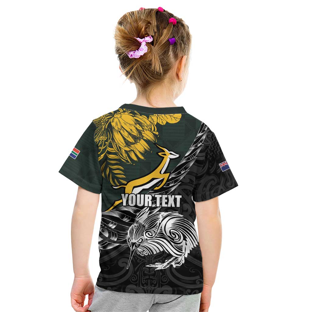 New Zealand and South Africa Rugby Personalised Kid T Shirt Maori Kiwi With Springboks LT15 - Polynesian Pride