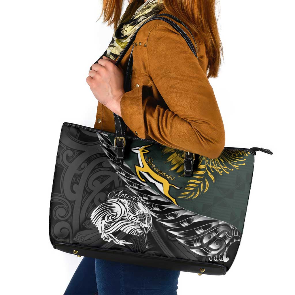 New Zealand and South Africa Rugby Leather Tote Bag Maori Kiwi With Springboks LT15 Black - Polynesian Pride