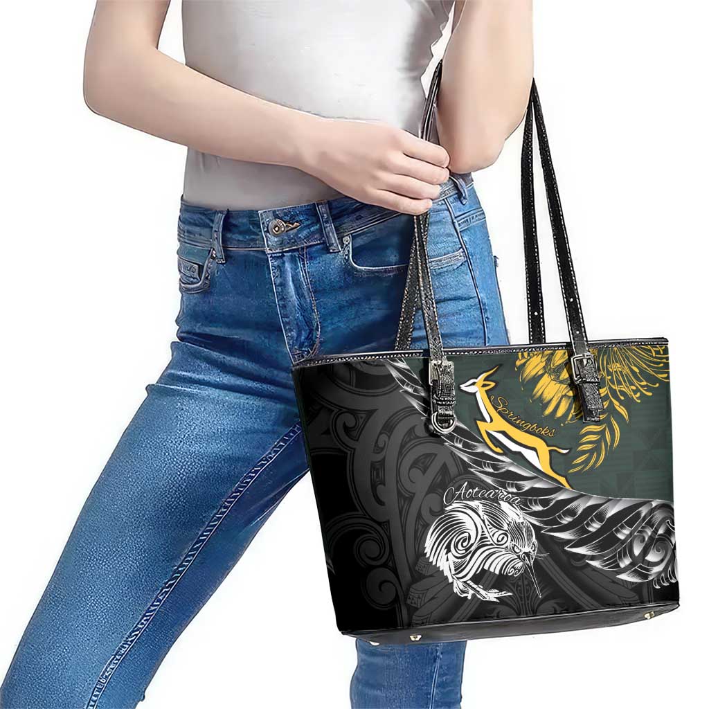 New Zealand and South Africa Rugby Leather Tote Bag Maori Kiwi With Springboks LT15 - Polynesian Pride