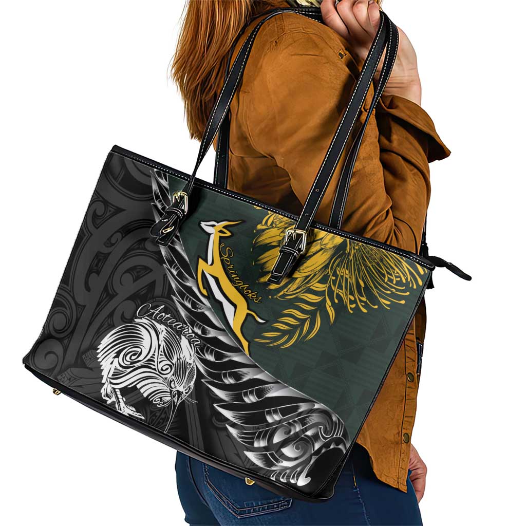 New Zealand and South Africa Rugby Leather Tote Bag Maori Kiwi With Springboks LT15 - Polynesian Pride