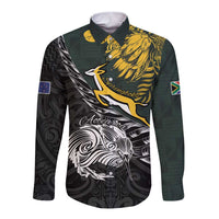 New Zealand and South Africa Rugby Personalised Long Sleeve Button Shirt Maori Kiwi With Springboks LT15 Unisex Black - Polynesian Pride