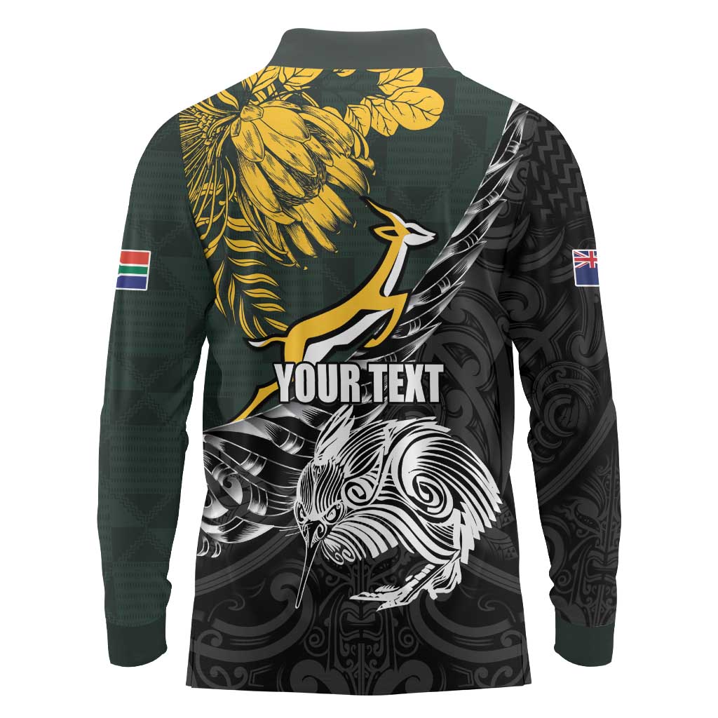 New Zealand and South Africa Rugby Personalised Long Sleeve Polo Shirt Maori Kiwi With Springboks LT15 - Polynesian Pride