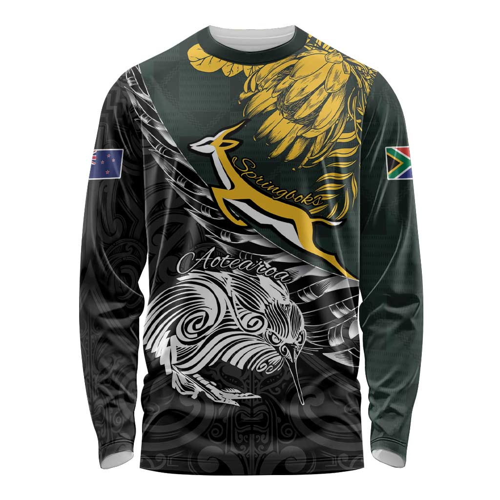 New Zealand and South Africa Rugby Personalised Long Sleeve Shirt Maori Kiwi With Springboks LT15 Unisex Black - Polynesian Pride