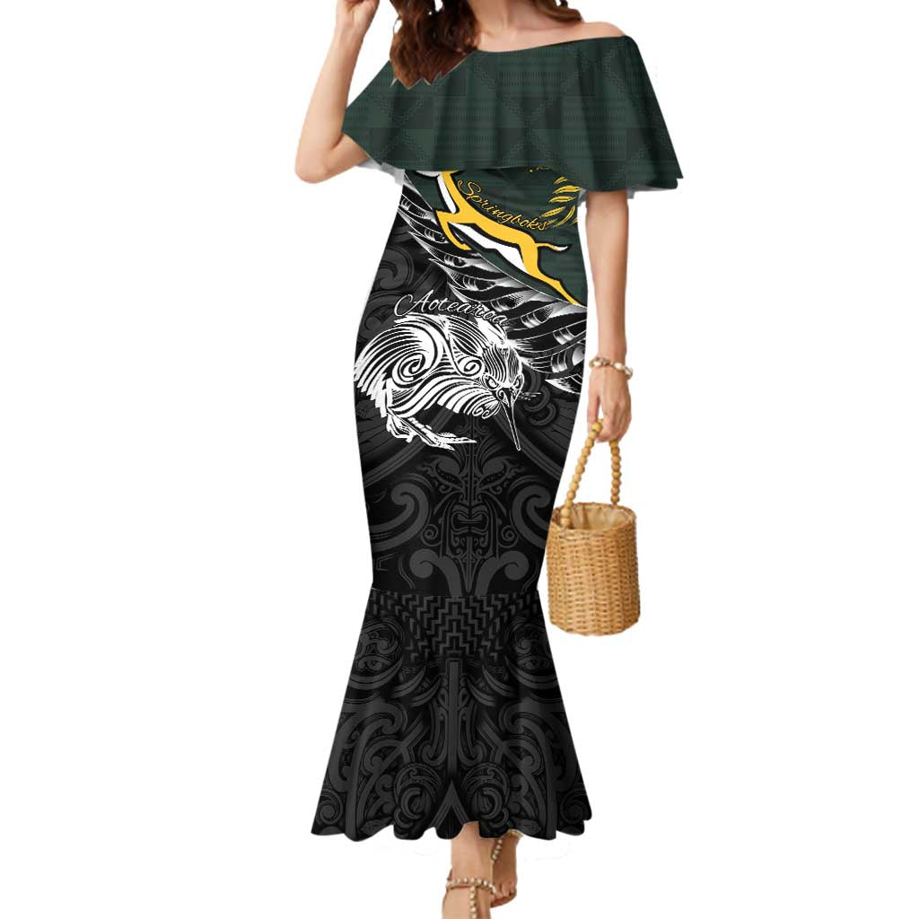 New Zealand and South Africa Rugby Personalised Mermaid Dress Maori Kiwi With Springboks LT15 Women Black - Polynesian Pride