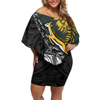 New Zealand and South Africa Rugby Personalised Off Shoulder Short Dress Maori Kiwi With Springboks LT15 Women Black - Polynesian Pride