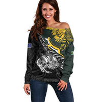 New Zealand and South Africa Rugby Personalised Off Shoulder Sweater Maori Kiwi With Springboks LT15 Women Black - Polynesian Pride