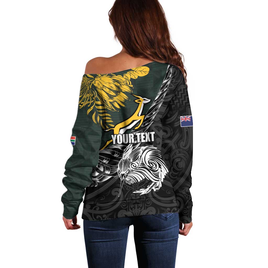 New Zealand and South Africa Rugby Personalised Off Shoulder Sweater Maori Kiwi With Springboks LT15 - Polynesian Pride