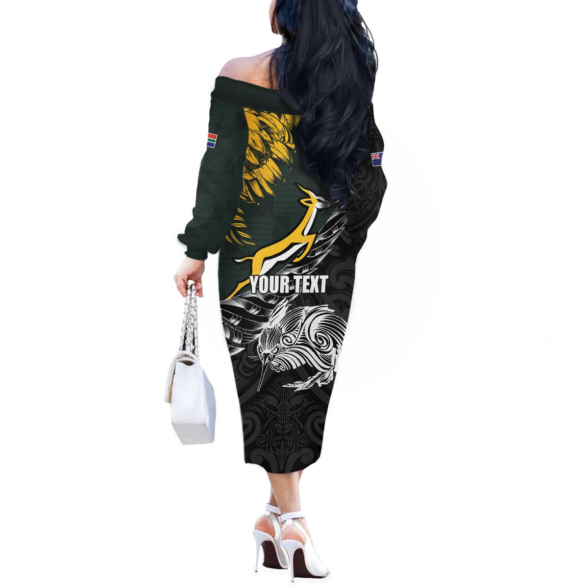New Zealand and South Africa Rugby Personalised Off The Shoulder Long Sleeve Dress Maori Kiwi With Springboks LT15 - Polynesian Pride