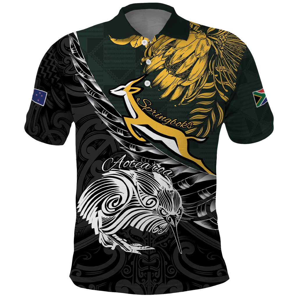New Zealand and South Africa Rugby Personalised Polo Shirt Maori Kiwi With Springboks LT15 Black - Polynesian Pride