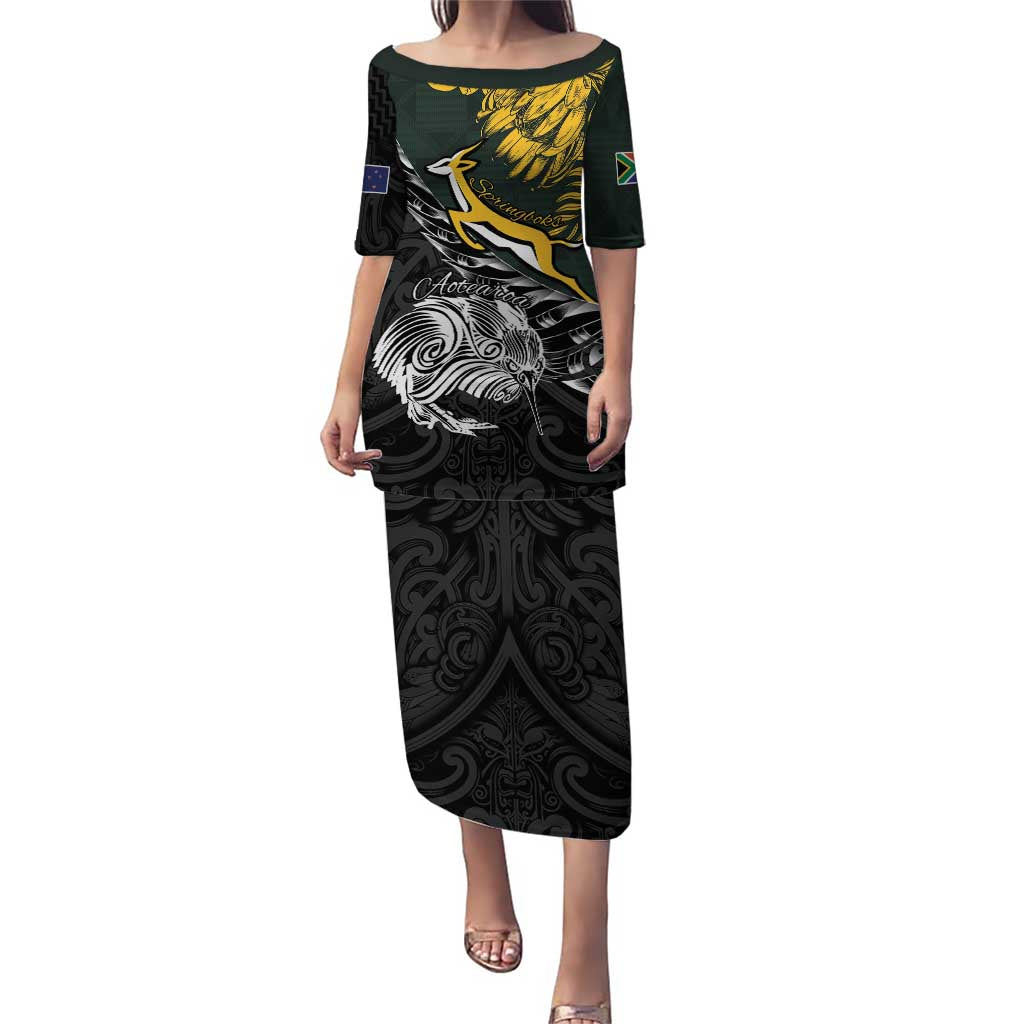 New Zealand and South Africa Rugby Personalised Puletasi Maori Kiwi With Springboks LT15 Long Dress Black - Polynesian Pride