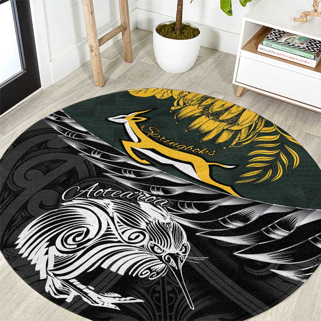 New Zealand and South Africa Rugby Round Carpet Maori Kiwi With Springboks LT15 Black - Polynesian Pride